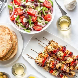 chicken kabobs with greek cumber tomato salad